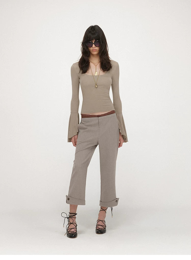 U-Neck Bell Sleeve Fitted Long Sleeve Top