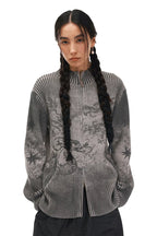 Chinese-Inspired Dragon Print Half-Zip Cardigan Sweater