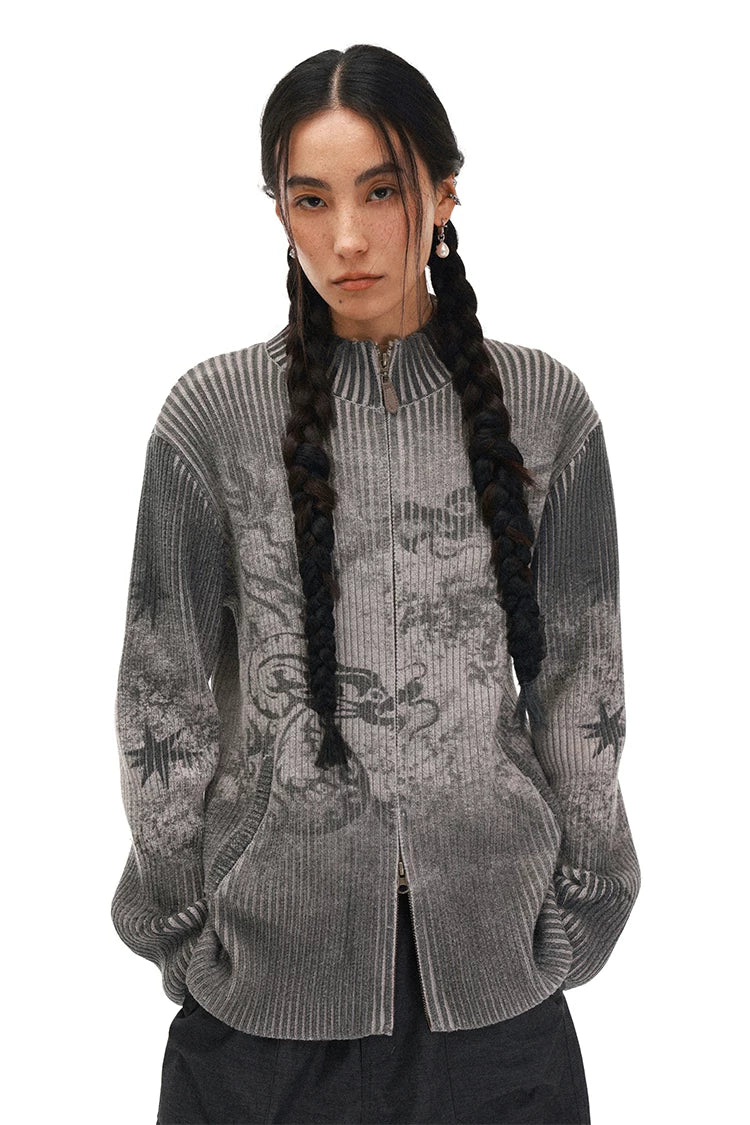 Chinese-Inspired Dragon Print Half-Zip Cardigan Sweater