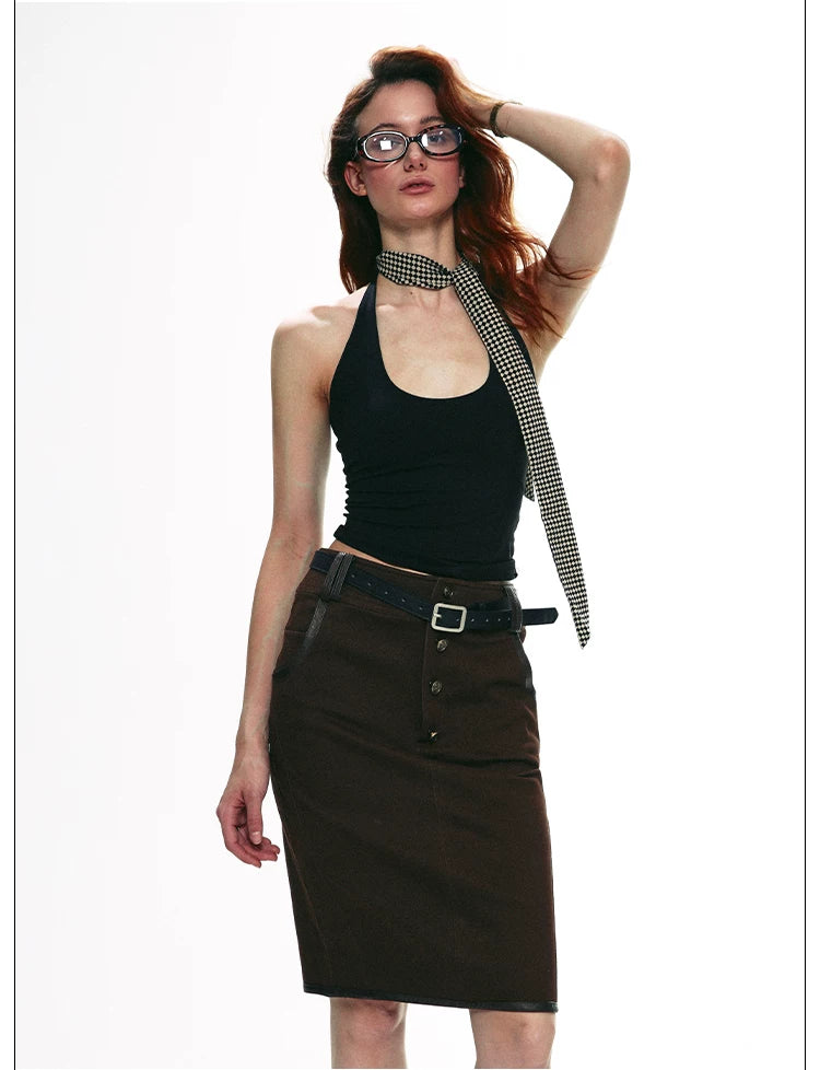 Vintage Contrast Leather Trim Utility Pencil Skirt