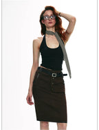 Vintage Contrast Leather Trim Utility Pencil Skirt