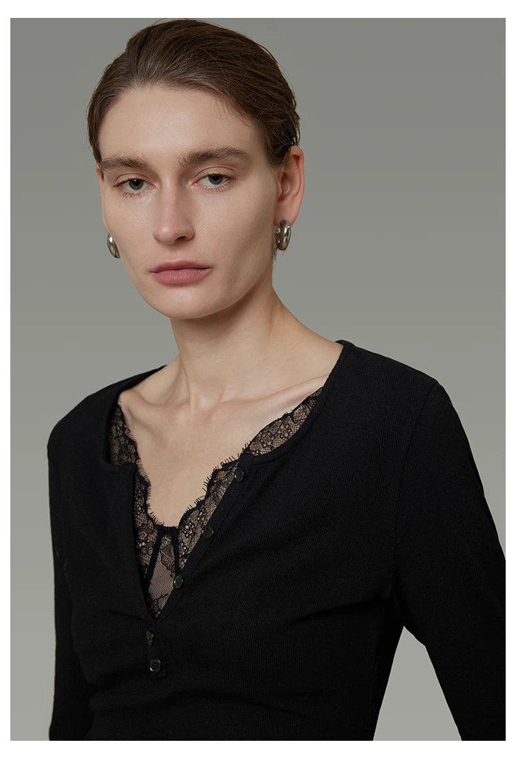 Minimalist Lace V-Neck Slim-Fit Knit Top