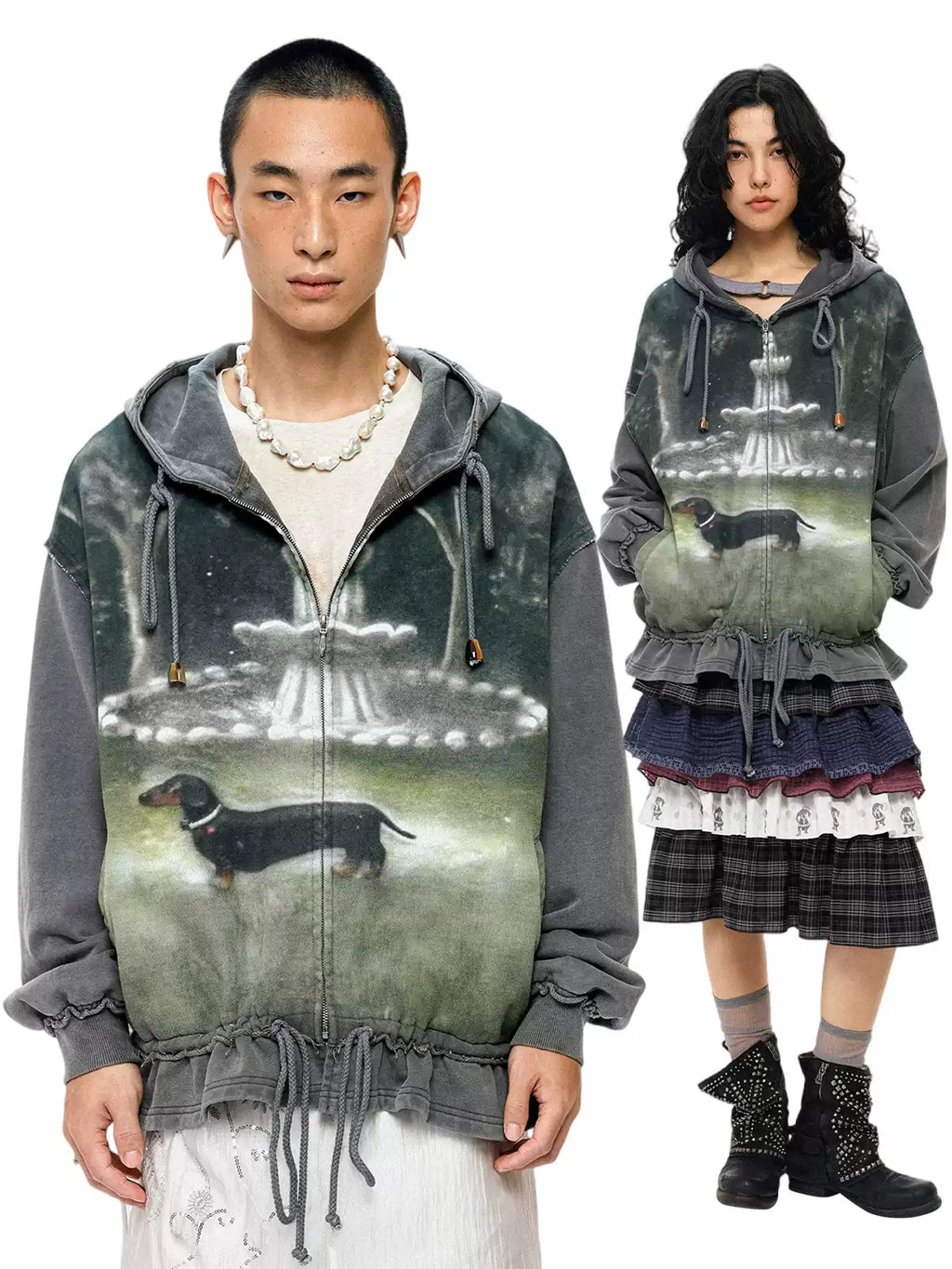 Jack Graphic Distressed Ruched Patchwork Zip-Up Hoodie