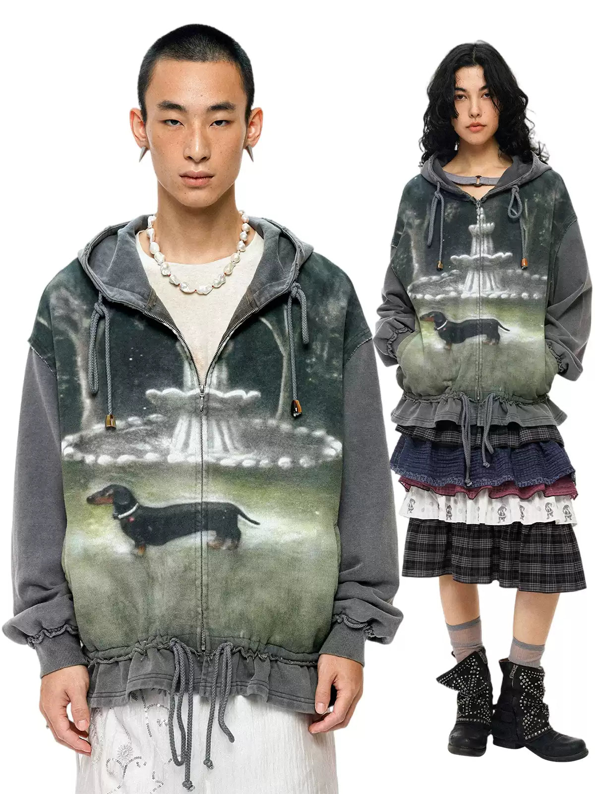 Jack Graphic Distressed Ruched Patchwork Zip-Up Hoodie