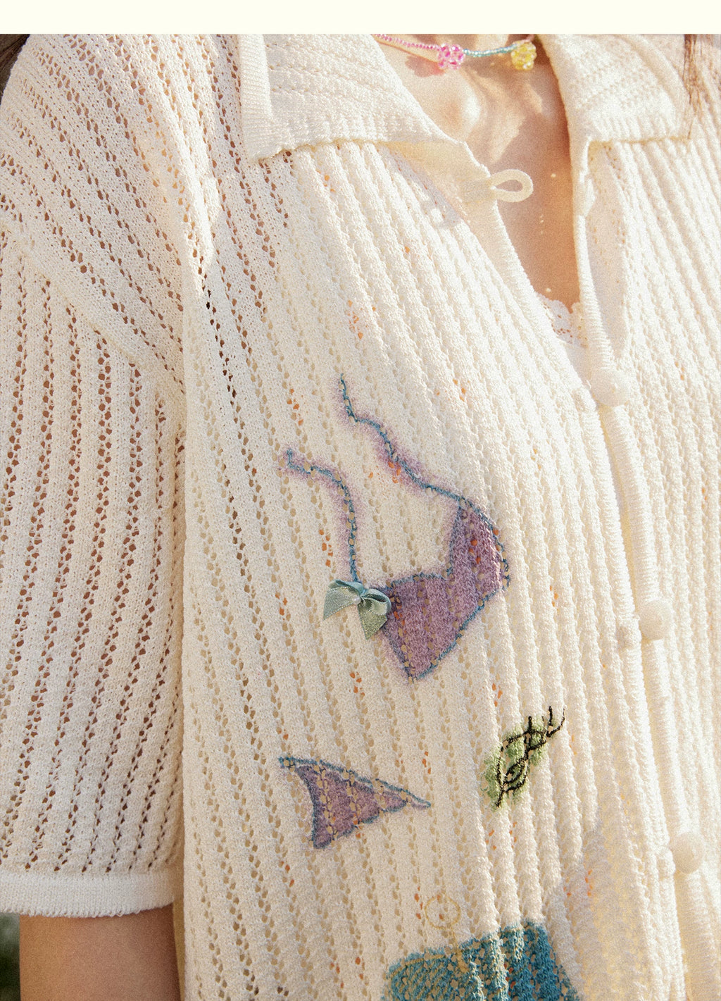 Knitted Openwork Vertical Stripe Loose Fit Shirt
