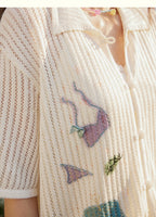 Knitted Openwork Vertical Stripe Loose Fit Shirt