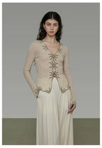 Vintage Embroidered V-Neck Slim-Fit Knit Top