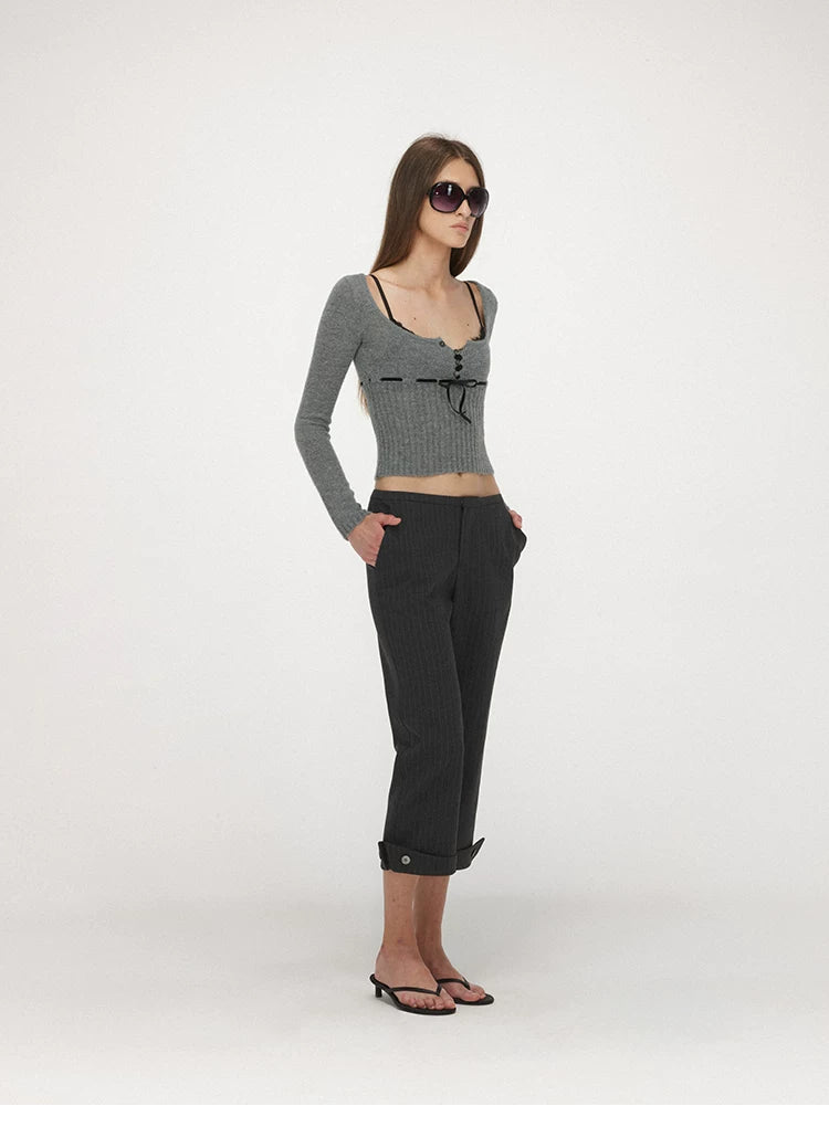 Velvet Tie U-Neck Half-Placket Fitted Knit Top