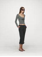 Velvet Tie U-Neck Half-Placket Fitted Knit Top