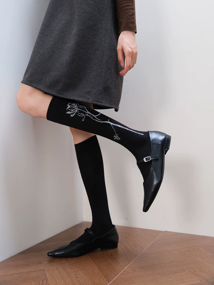 Black Crew Socks with Side Rose Embroidery