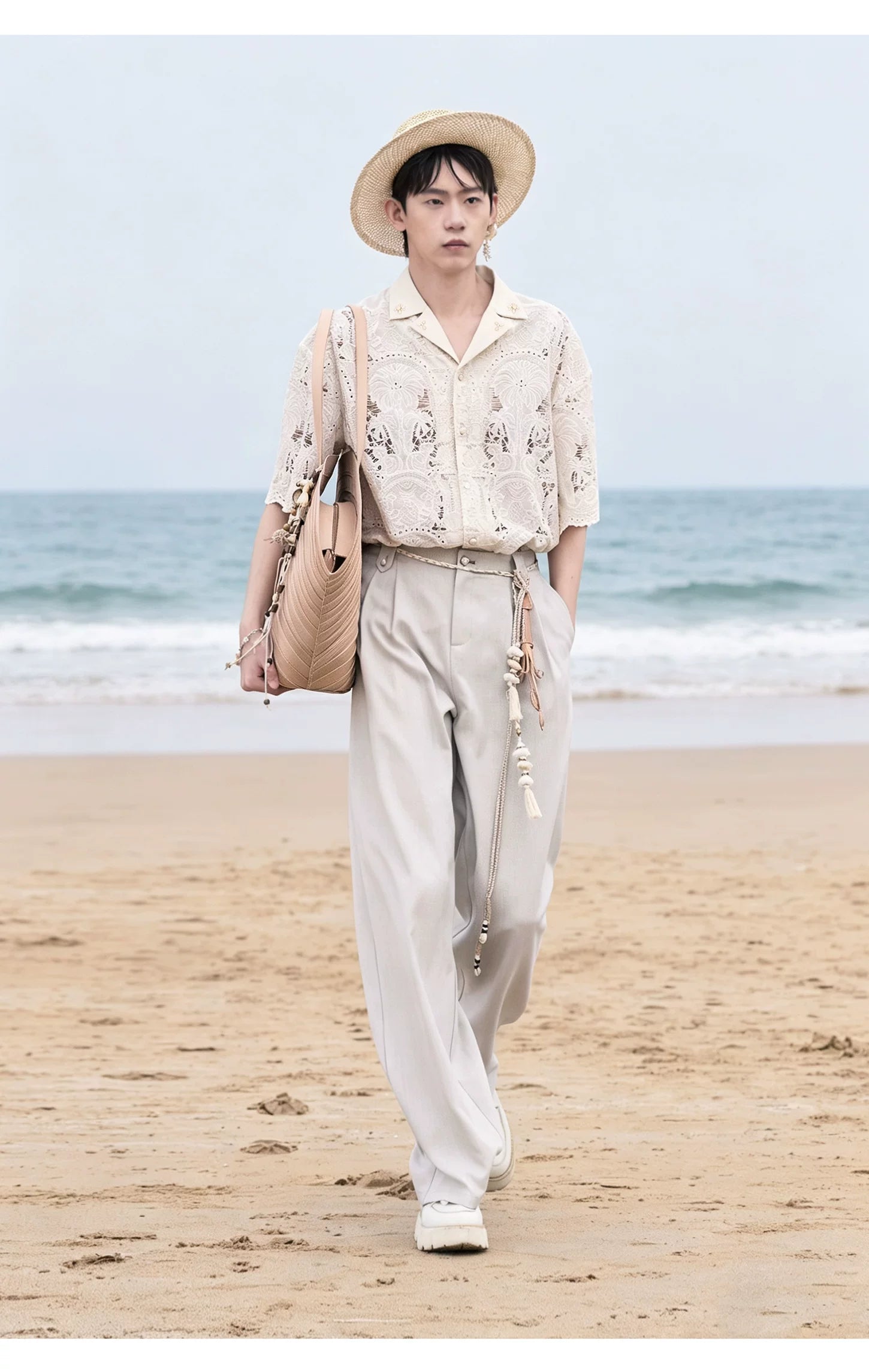 Cuban Collar Cutout Embroidered Shirt