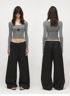 Velvet Tie U-Neck Half-Placket Fitted Knit Top