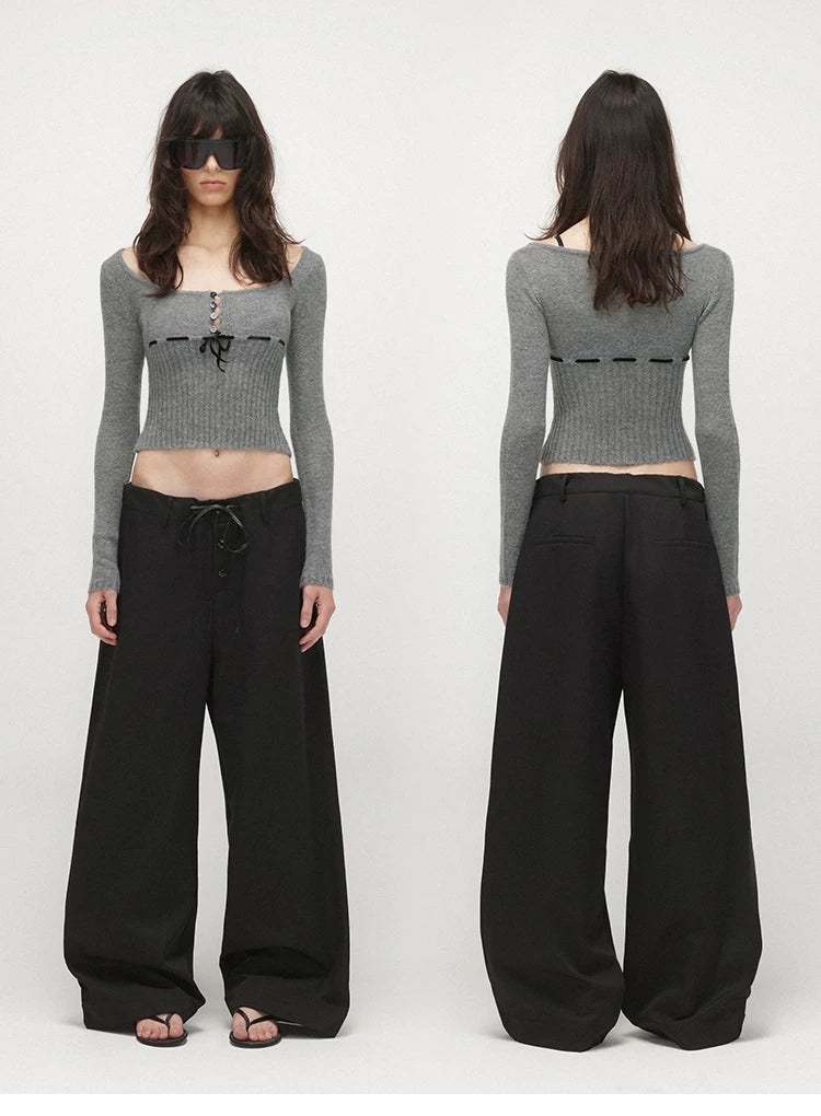 Velvet Tie U-Neck Half-Placket Fitted Knit Top