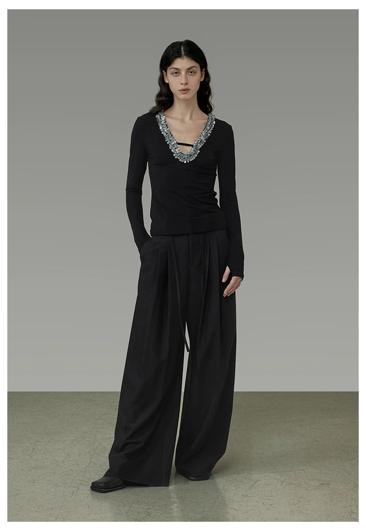 Black Tie-Waist Pleated Wide-Leg Pants