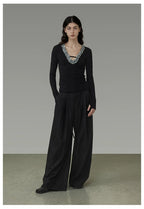 Black Tie-Waist Pleated Wide-Leg Pants