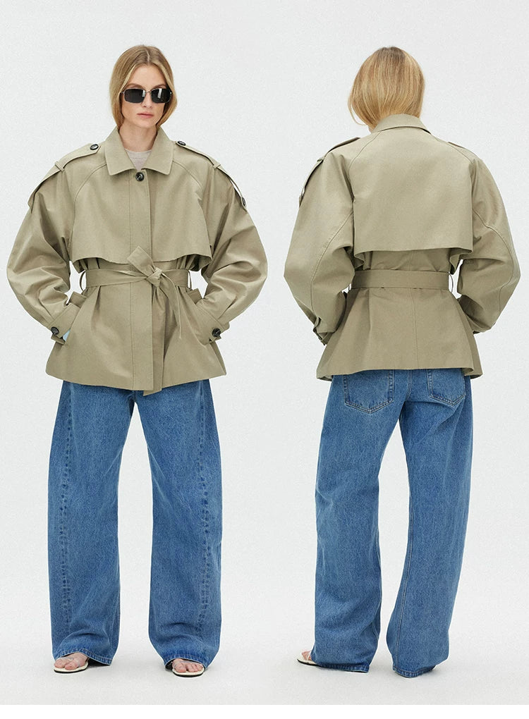 Cropped Trench Jacket with Curved Shoulders and Tie Detail