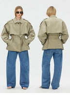 Cropped Trench Jacket with Curved Shoulders and Tie Detail