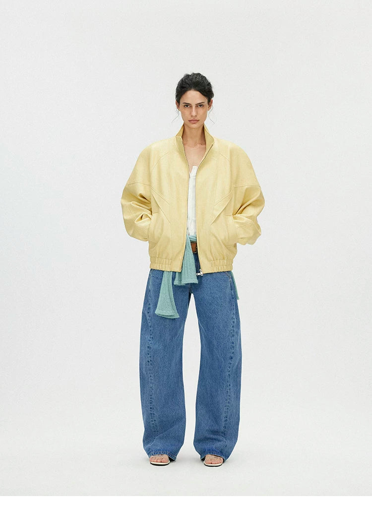 Butter Yellow Curved-Shoulder Leather Bomber Jacket