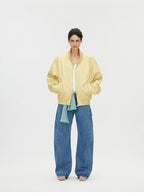 Butter Yellow Curved-Shoulder Leather Bomber Jacket