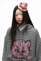Grotesque Cat Paw Print Lace Trim Loose Striped Hooded Long Sleeve T-Shirt