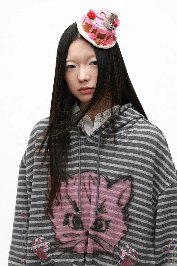 Grotesque Cat Paw Print Lace Trim Loose Striped Hooded Long Sleeve T-Shirt