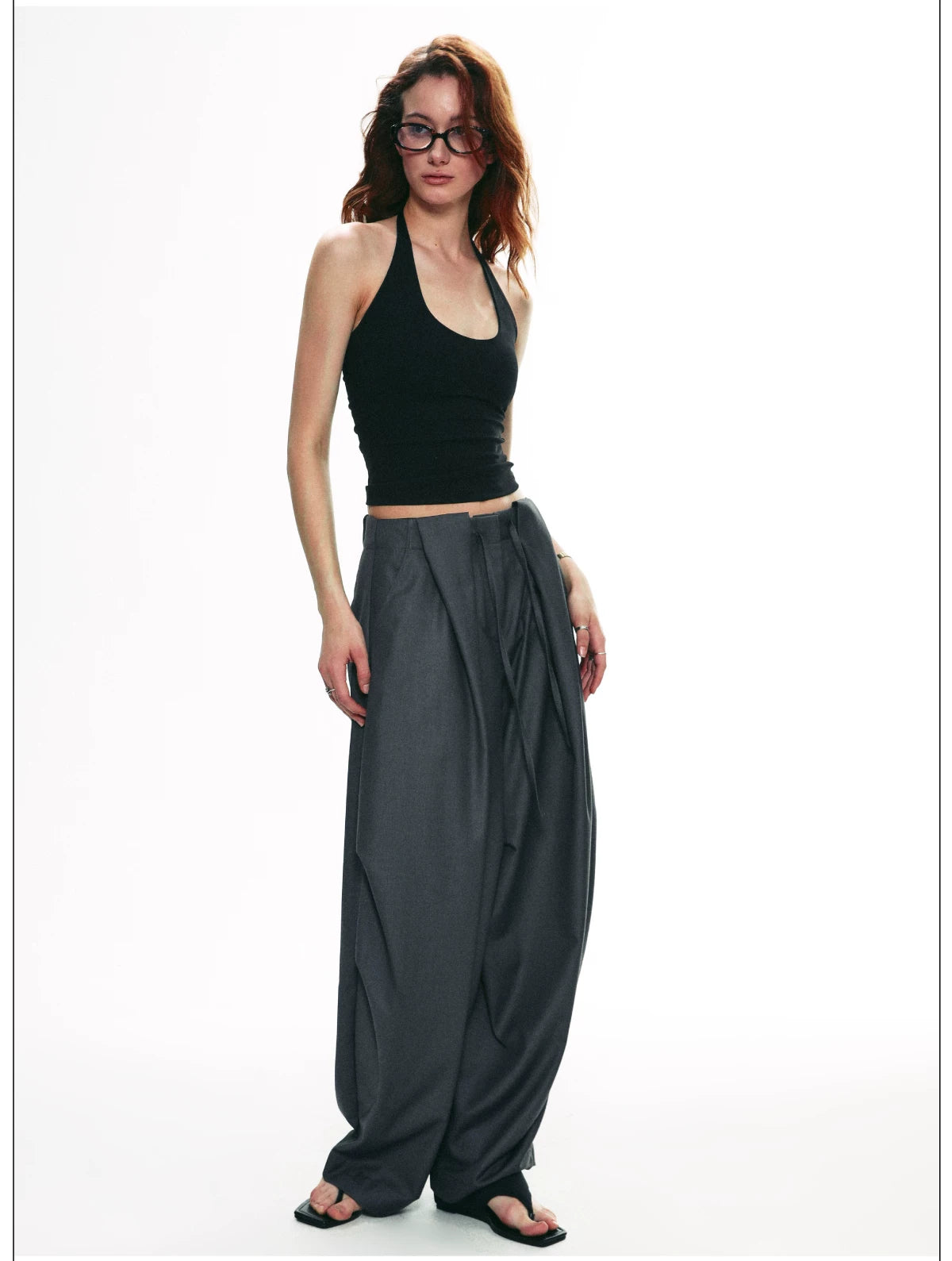 Wrinkle-Resistant Draped Wide-Leg Parachute Pants