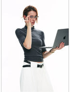 Tencel Knit Slim-Fit Short Sleeve Top with Mock Neck