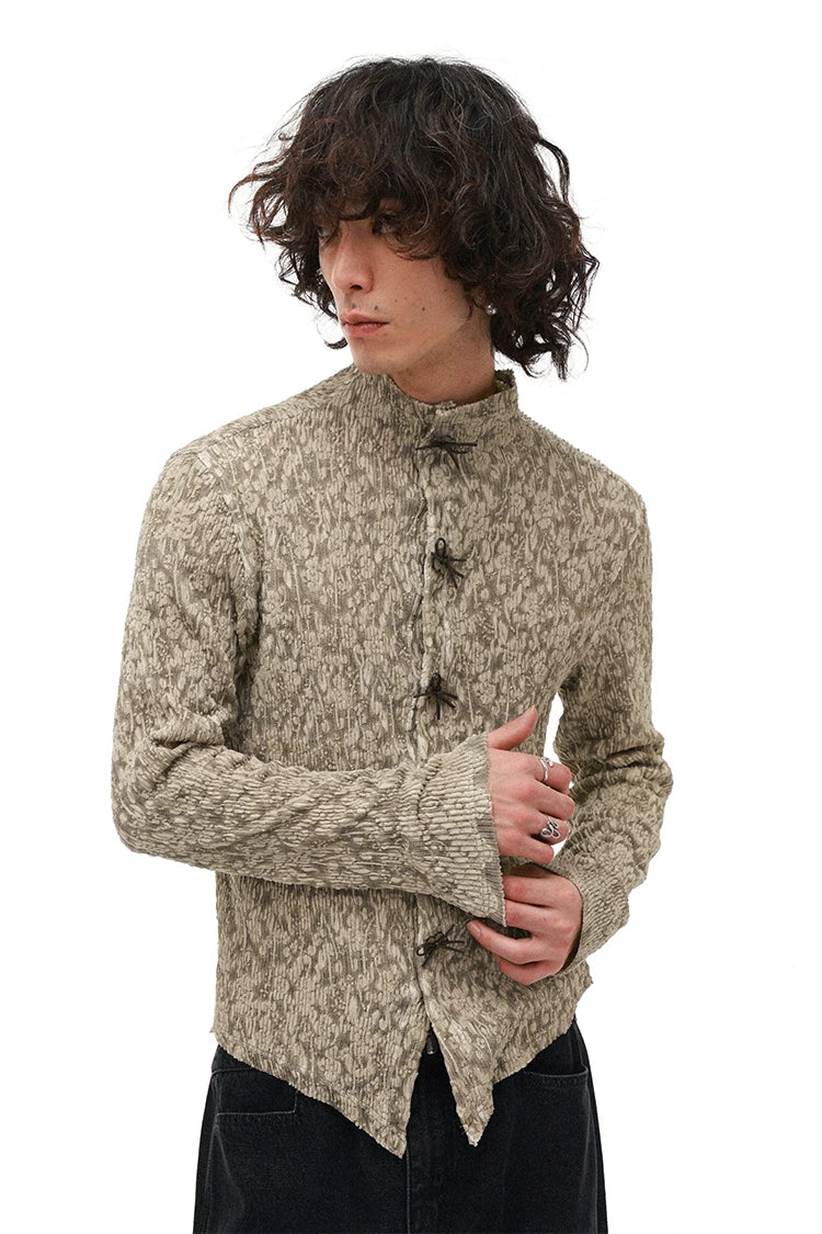 Elegant Jacquard Lace Patchwork Mandarin Collar Shirt