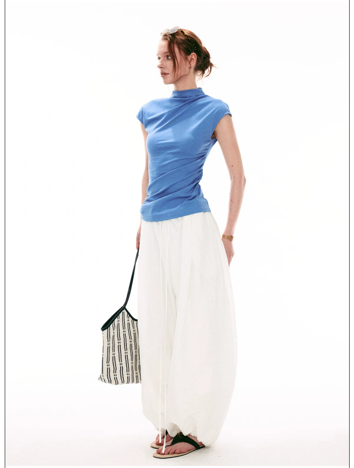 French-Inspired Mock Neck Ruched Slim-Fit Cap Sleeve Top