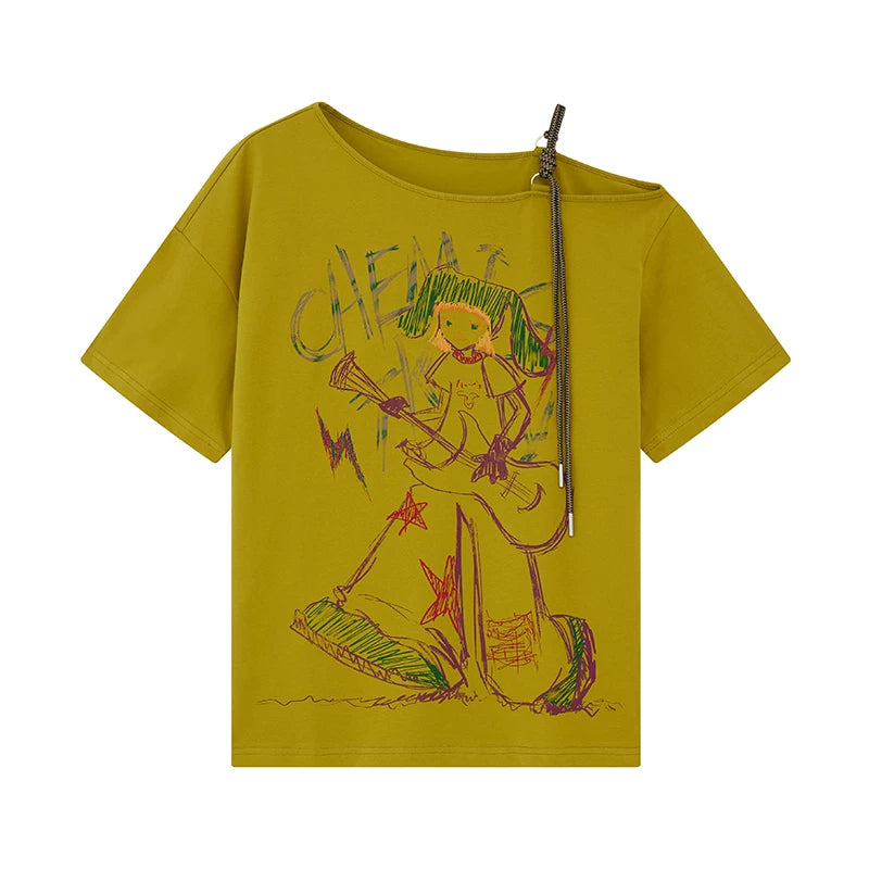 Hand-Drawn Graphic Off-Shoulder Short Sleeve T-Shirt
