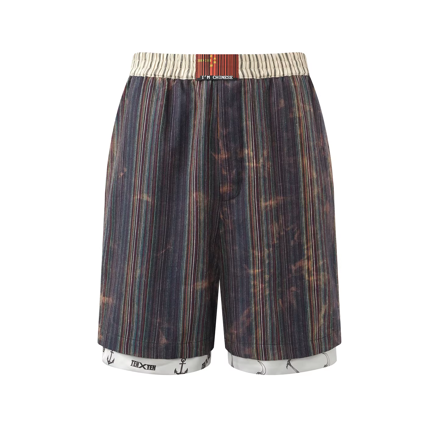 TENXTEN Double-Layer Printed Acid-Wash Denim Vacation Shorts