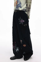 Grotesque Hand-Drawn Graphic Panel Loose Fit Cargo Denim Pants