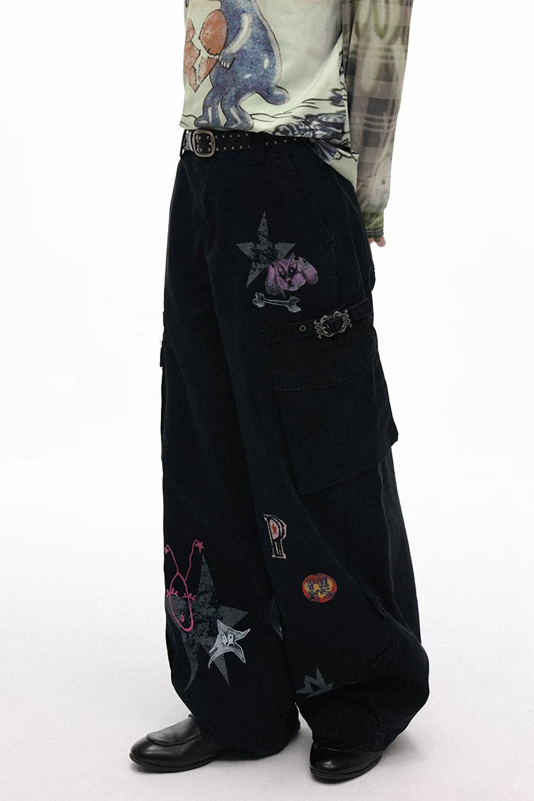 Grotesque Hand-Drawn Graphic Panel Loose Fit Cargo Denim Pants