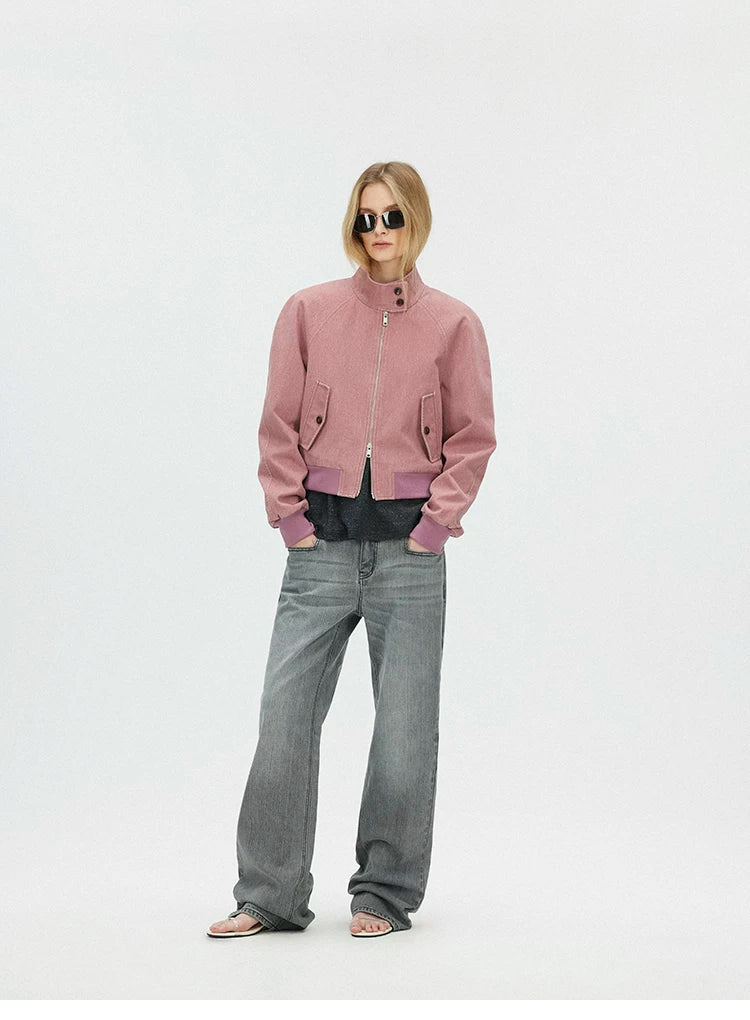 Vintage Washed Cropped Jacket with Plaid Lining