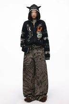 Leopard Digital Print Curved Panel Denim Pants with Double Waistband – Trendy Split Design Jeans