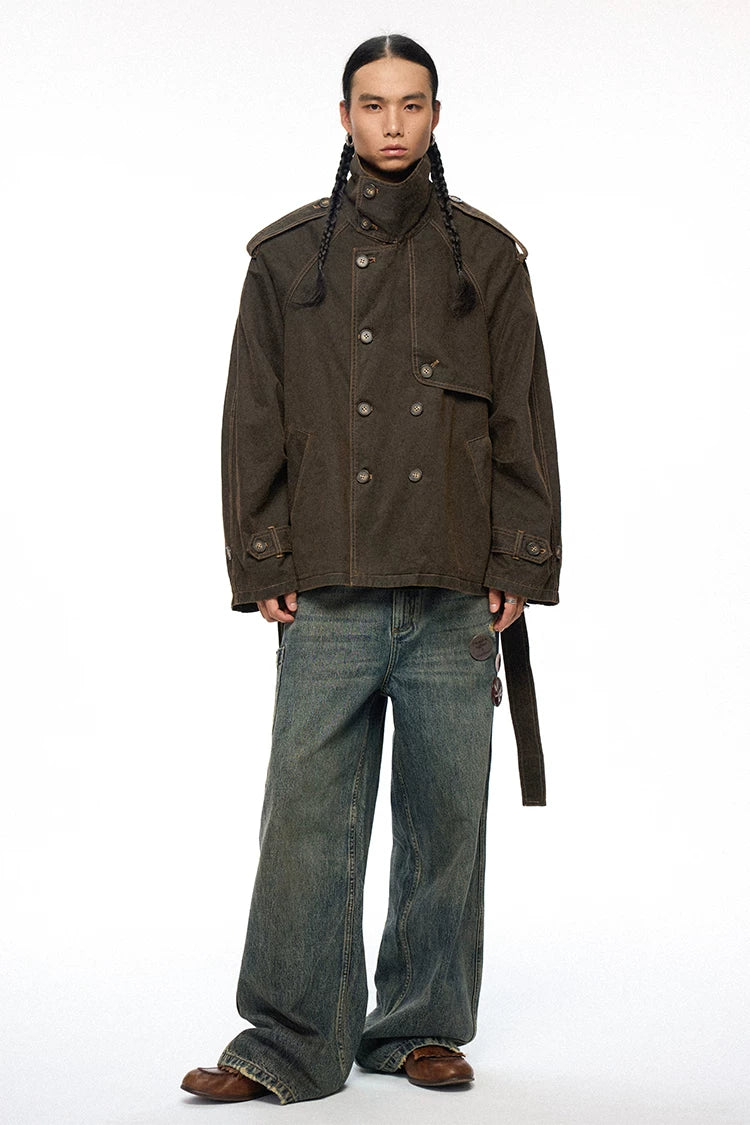 Raglan Sleeve Detachable Panel Cotton Denim Cropped Brown Trench Jacket