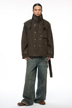 Raglan Sleeve Detachable Panel Cotton Denim Cropped Brown Trench Jacket