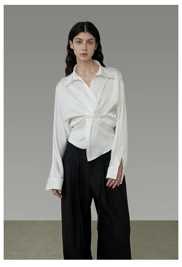 French-Inspired Satin V-Neck Twist Knot Blouse