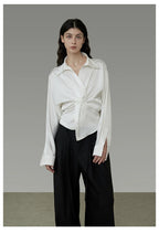 French-Inspired Satin V-Neck Twist Knot Blouse