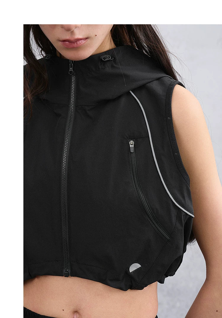 Women’s Summer Slim-Fit Cropped Hooded Functional Vest with Patchwork