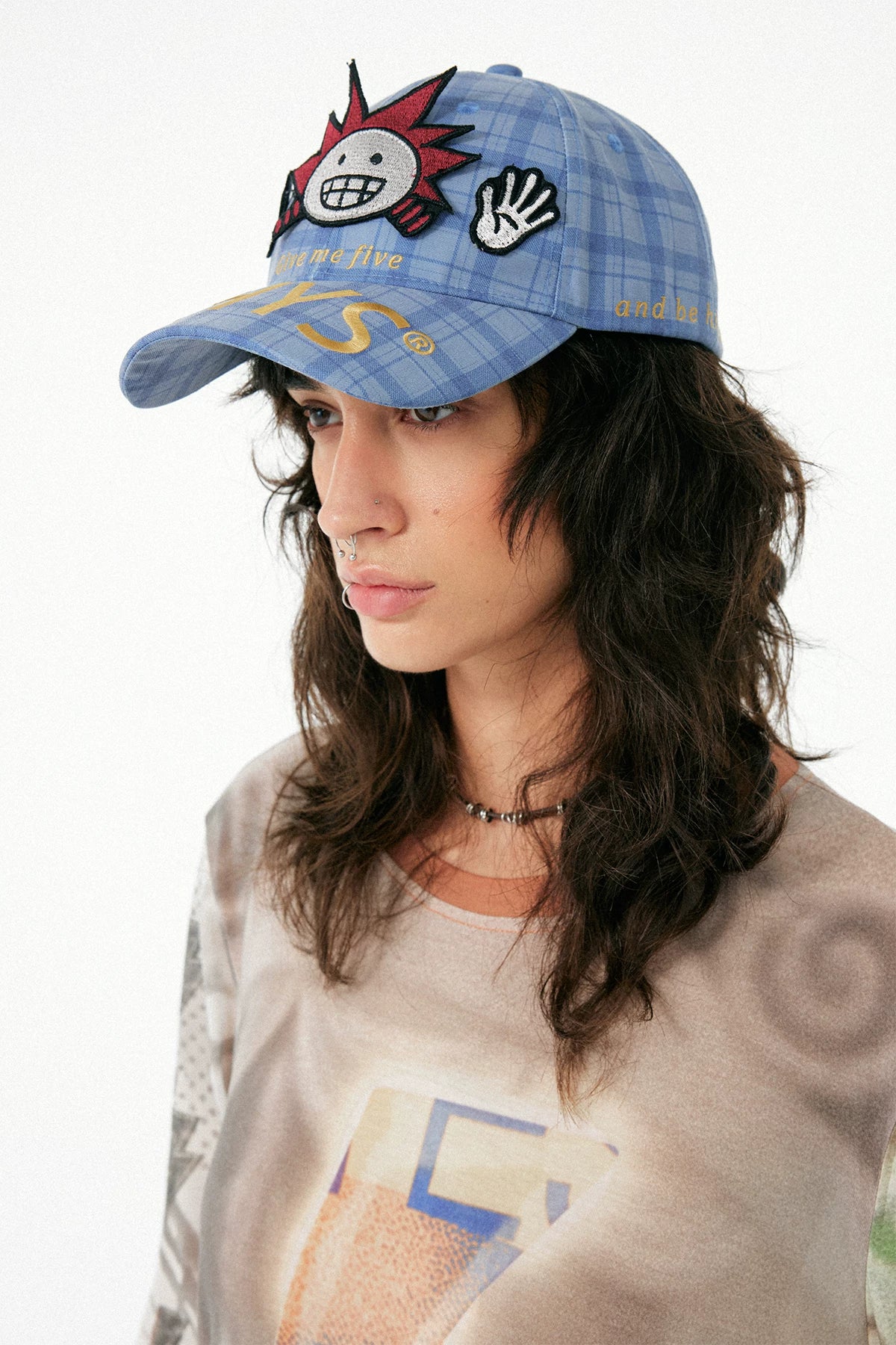 Adjustable Plaid Baseball Cap with Cute Little Scientist Character