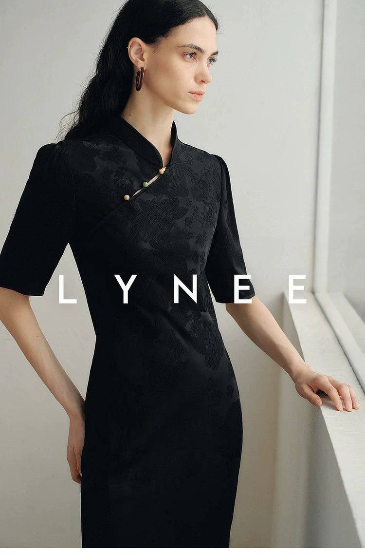 Jacquard Bias-Cut Mid-Sleeve Cheongsam Dress