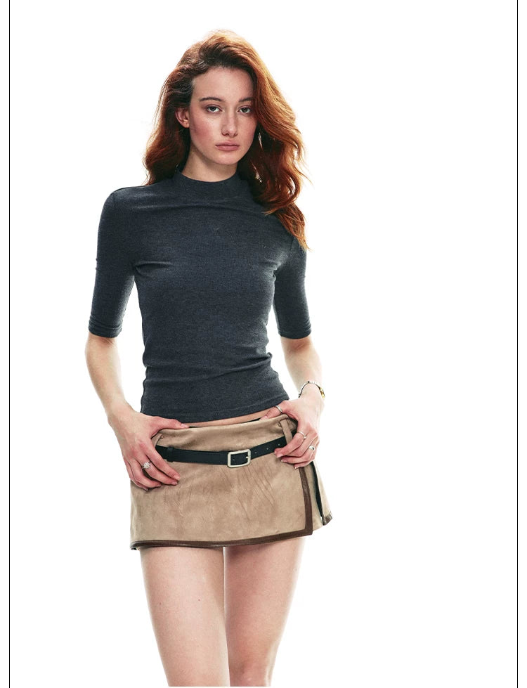 Tencel Knit Slim-Fit Short Sleeve Top with Mock Neck