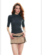 Tencel Knit Slim-Fit Short Sleeve Top with Mock Neck