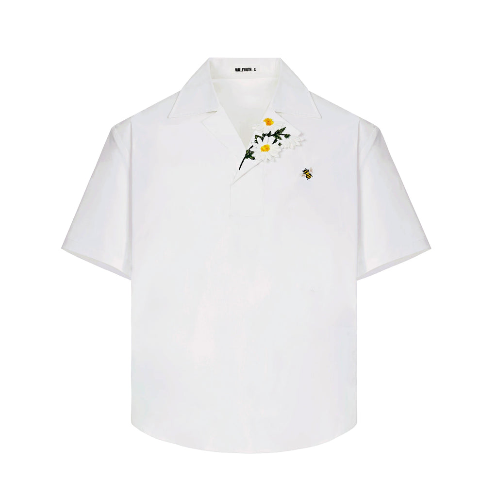Chamomile Embroidered Asymmetrical Collar Short Sleeve Shirt