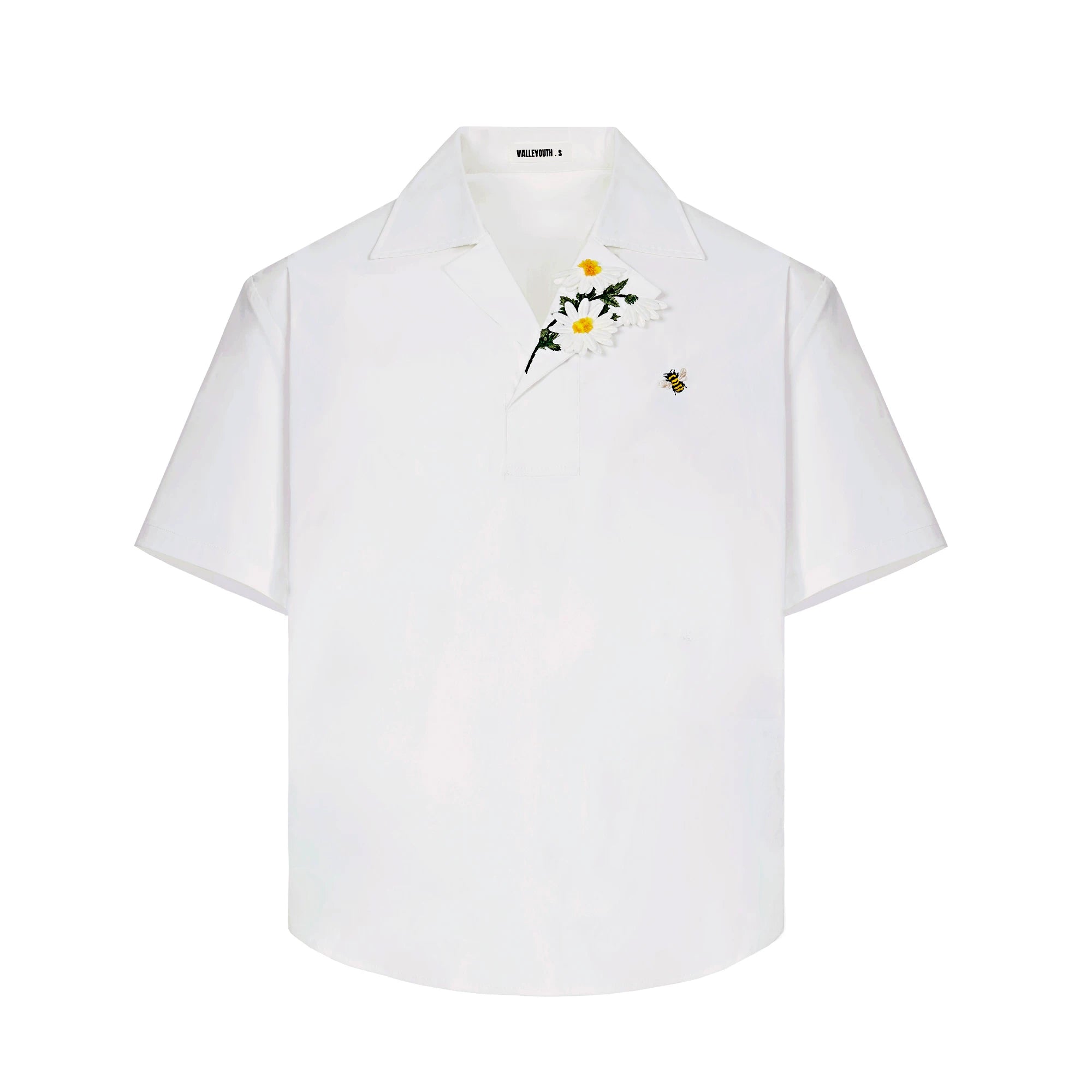 Chamomile Embroidered Asymmetrical Collar Short Sleeve Shirt