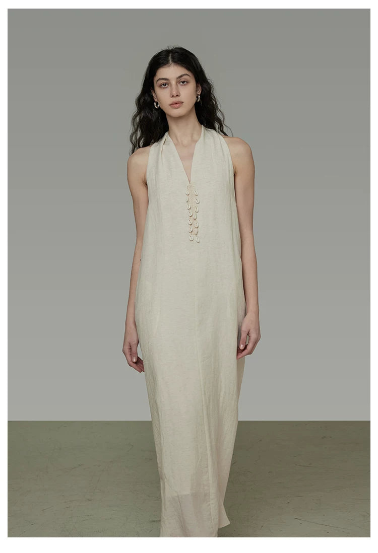 Halter Neck V-Neck Sleeveless A-Line Maxi Dress
