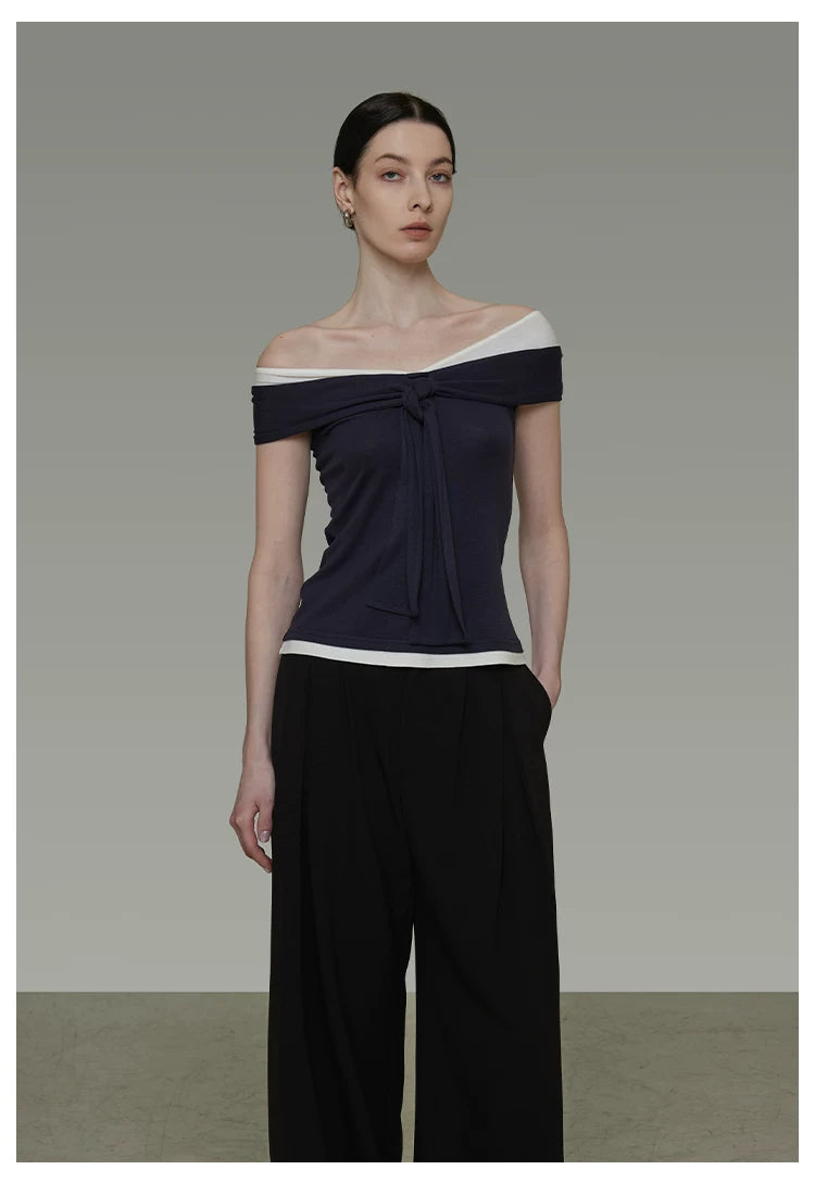 Contrast Color Off-Shoulder T-Shirt