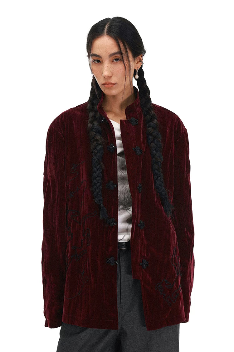Year of the Horse Velvet Embroidered Chinese Frog Button Stand Collar Cardigan Jacket Secondary image