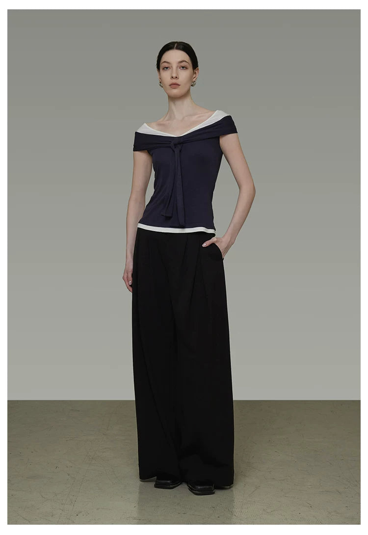 Contrast Color Off-Shoulder T-Shirt